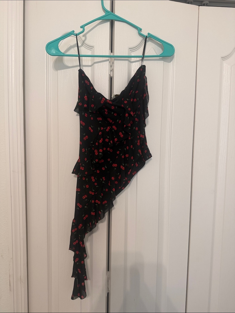 Black Cherry Print Asymmetric Ruffle Tube Top